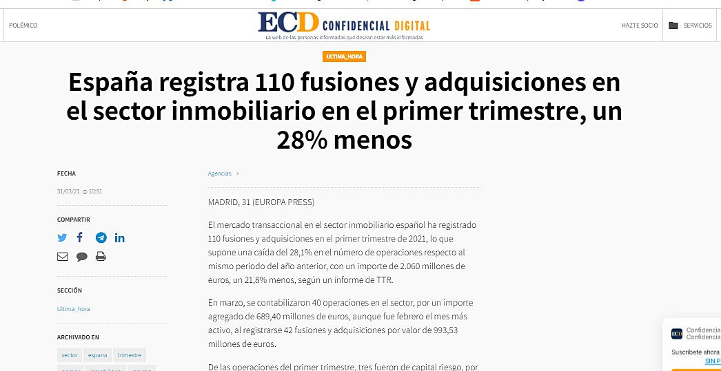 Espaa registra 110 fusiones y adquisiciones en el sector inmobiliario en el primer trimestre, un 28% menos